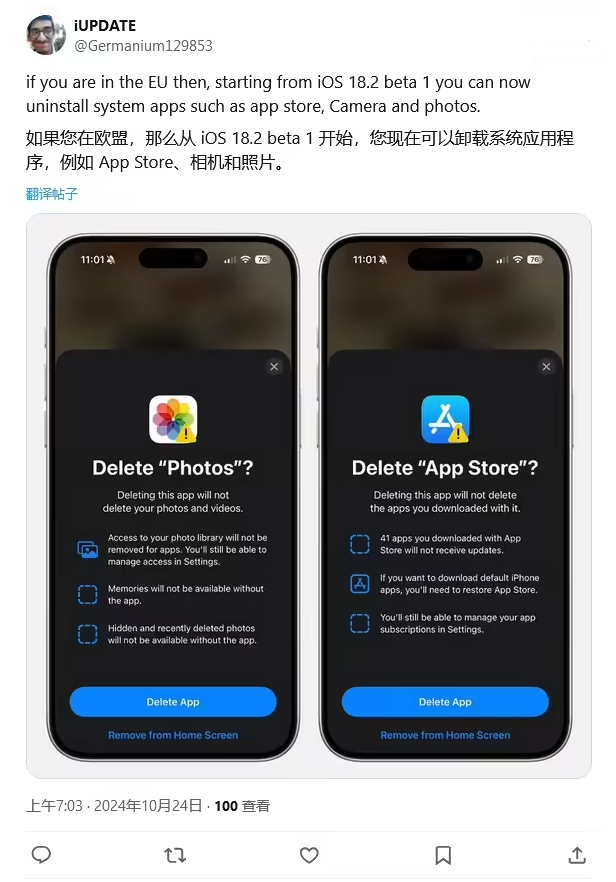 花垣苹果手机维修分享iOS 18.2 支持删除 App Store 应用商店 